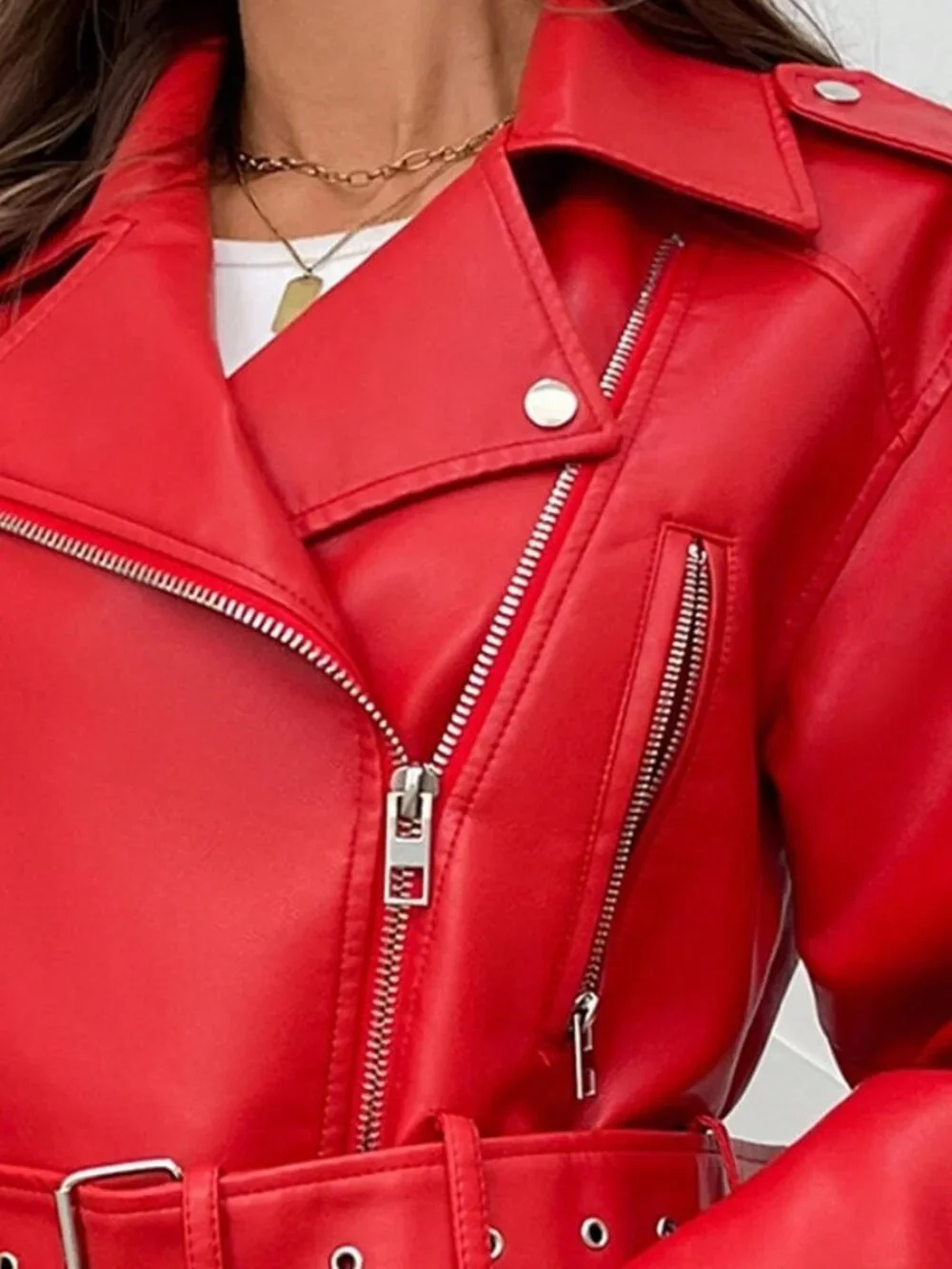 Red Casual Women's Minimalist Zip-Up faux leather Short Jacket - Picture 6 of 7